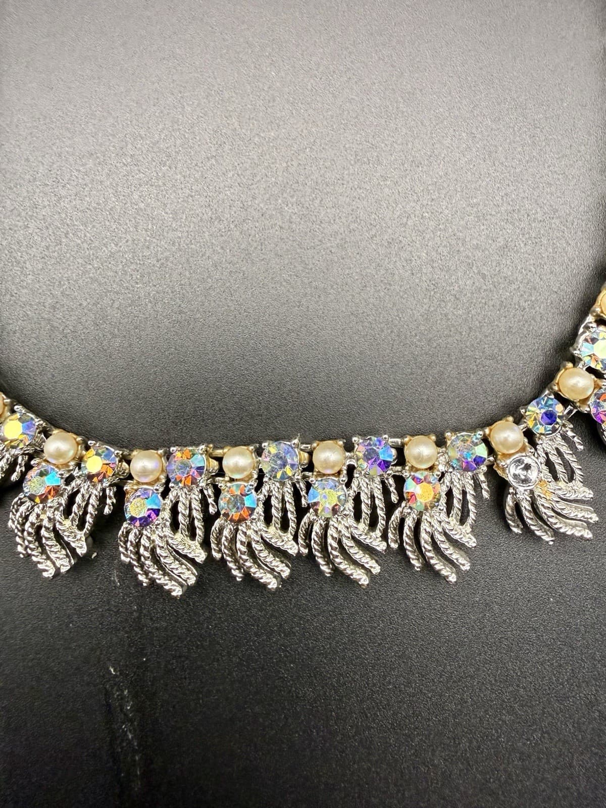 Vintage Rhinestone Fringe Necklace Coro AB Crystal Faux Pearl Bib - Thumbnail 2