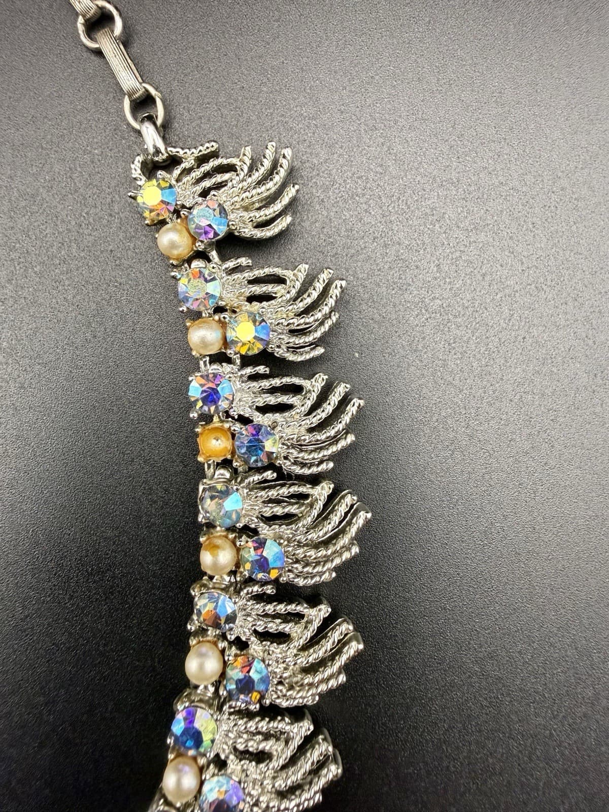 Vintage Rhinestone Fringe Necklace Coro AB Crystal Faux Pearl Bib - Thumbnail 4