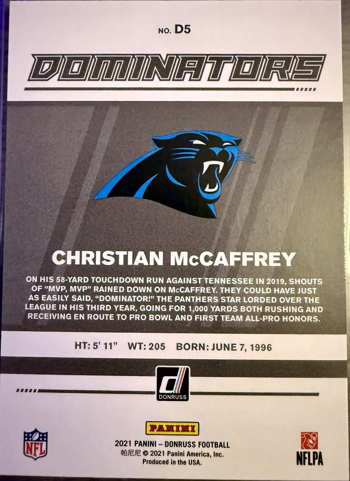 2021 Panini Donruss Dominators Christian McCaffrey #D5 Checkerboard Refractor - Thumbnail 2