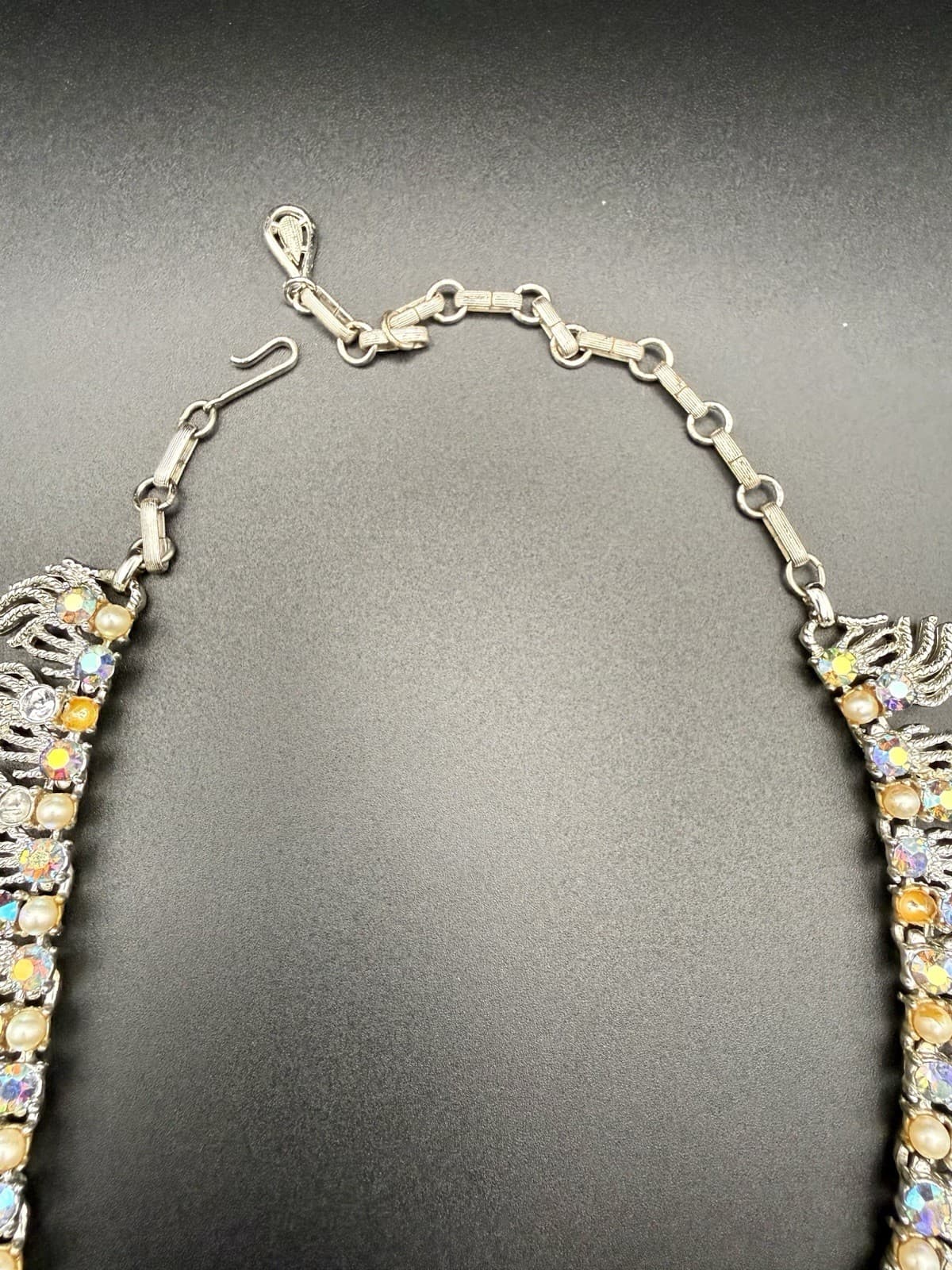 Vintage Rhinestone Fringe Necklace Coro AB Crystal Faux Pearl Bib - Thumbnail 5