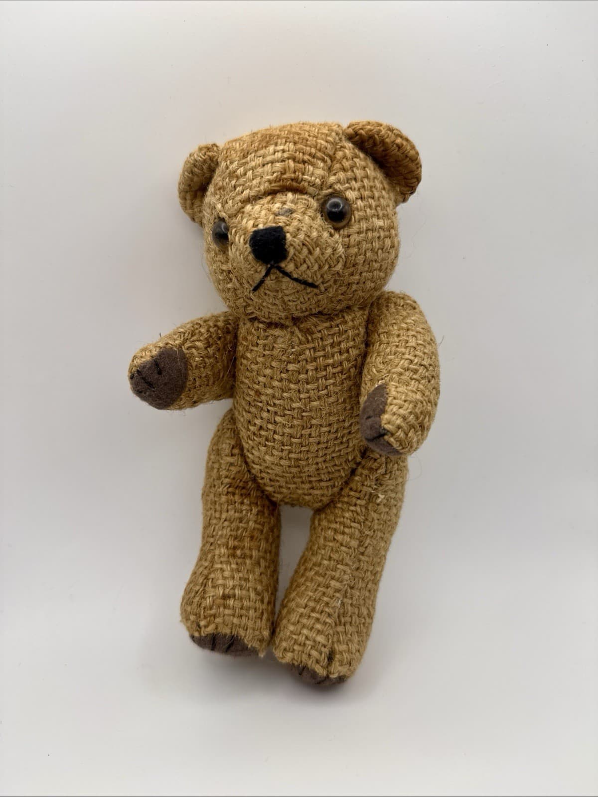 Vintage Brown Burlap Jointed Hand Crafted Teddy Bear Plush Stuffed Animal Toy