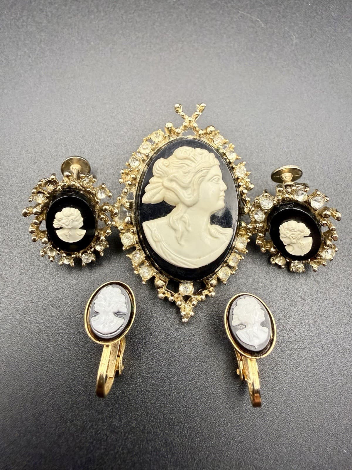 Assorted Vintage Black & White CAMEO Pins & Earrings