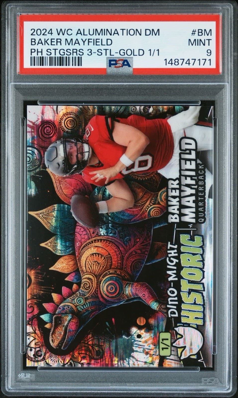 2024 Wild Card Alumination Baker Mayfield Dino-Might Stegosaurus Gold 1/1 PSA9