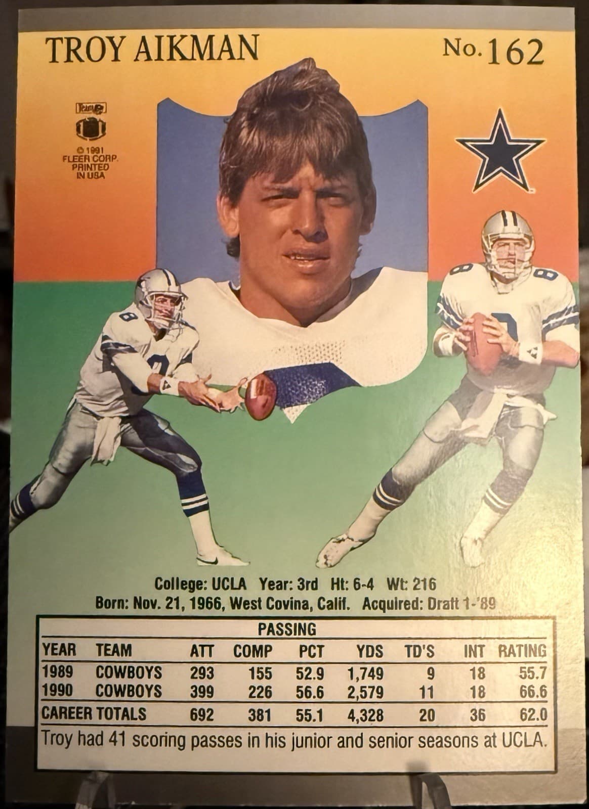 1991 Fleer Ultra - Troy Aikman #162 Dallas Cowboys HOF Legend NFL Football Card - Thumbnail 2