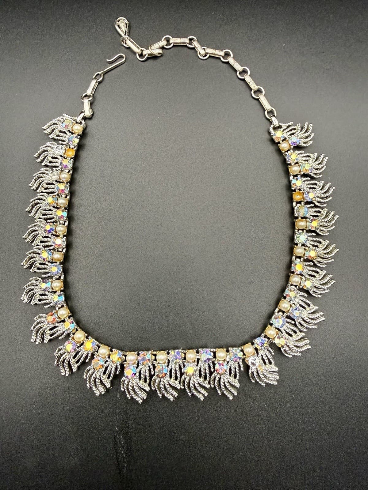 Vintage Rhinestone Fringe Necklace Coro AB Crystal Faux Pearl Bib