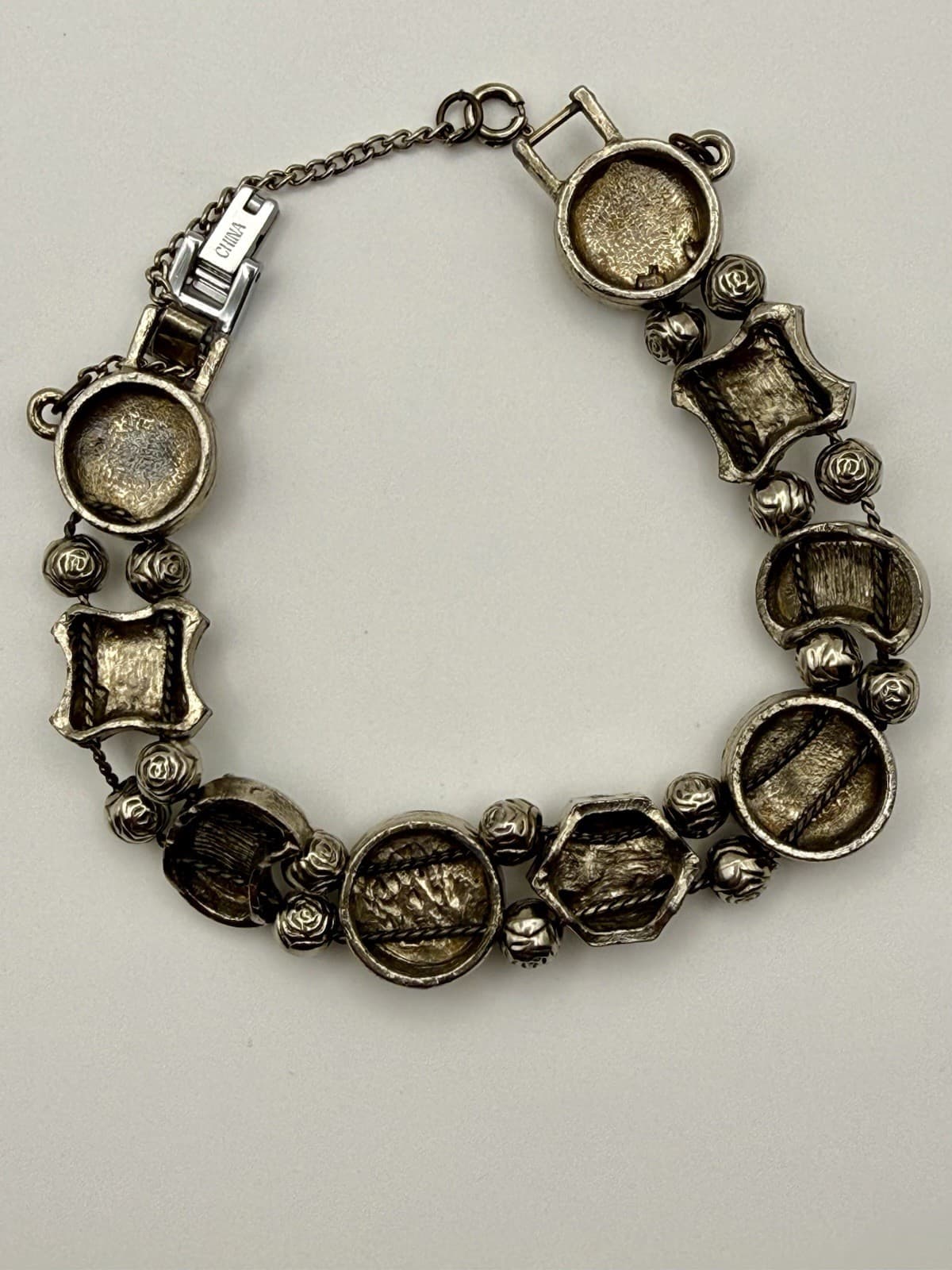 Vintage Slide Bracelet Multicolor Jeweled Victorian Revival Silverplate Gems 7" - Thumbnail 2