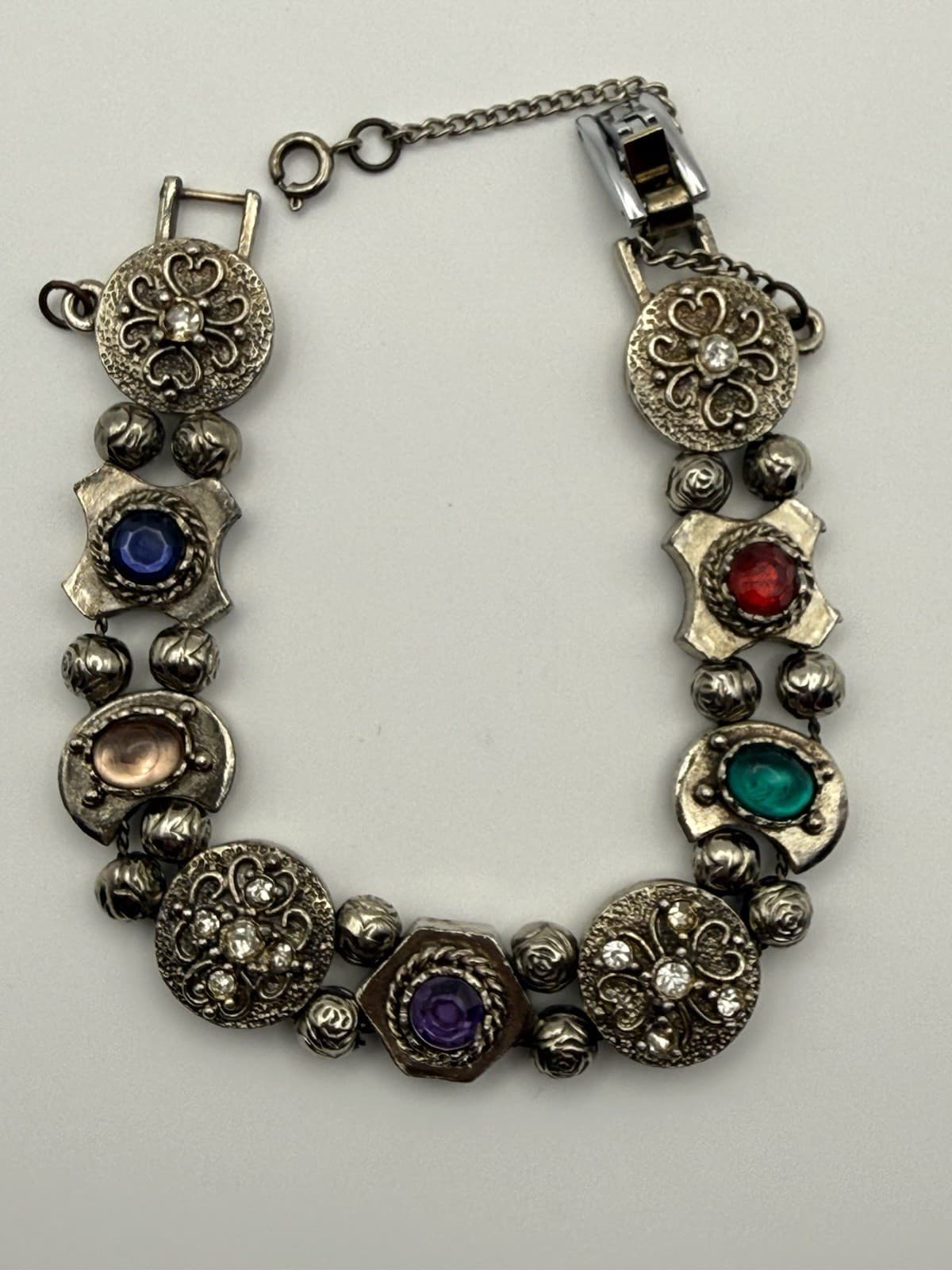 Vintage Slide Bracelet Multicolor Jeweled Victorian Revival Silverplate Gems 7"