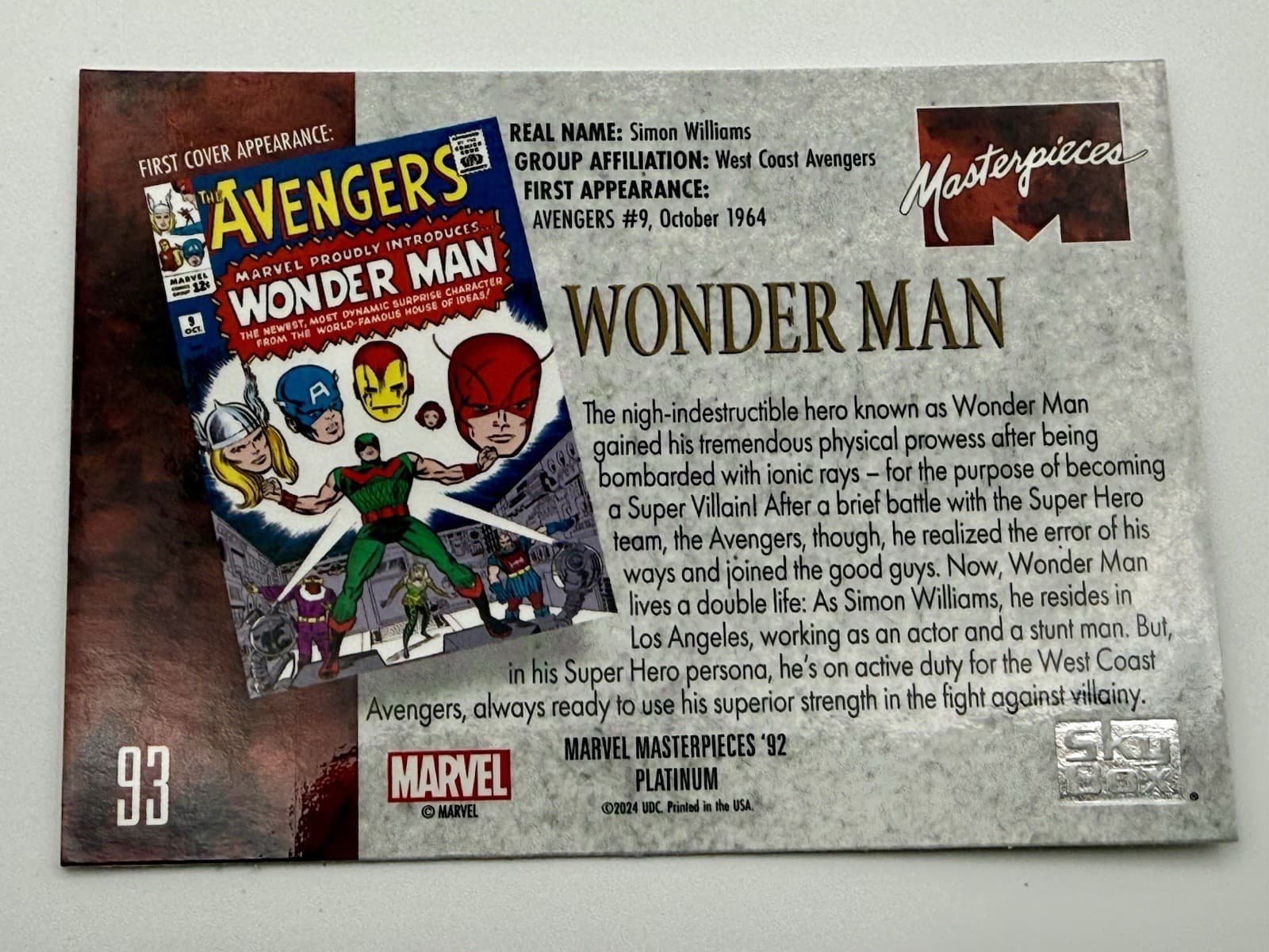 2024 UD Marvel Masterpieces 92 Platinum #93 Wonder Man Yellow Gold - Thumbnail 2