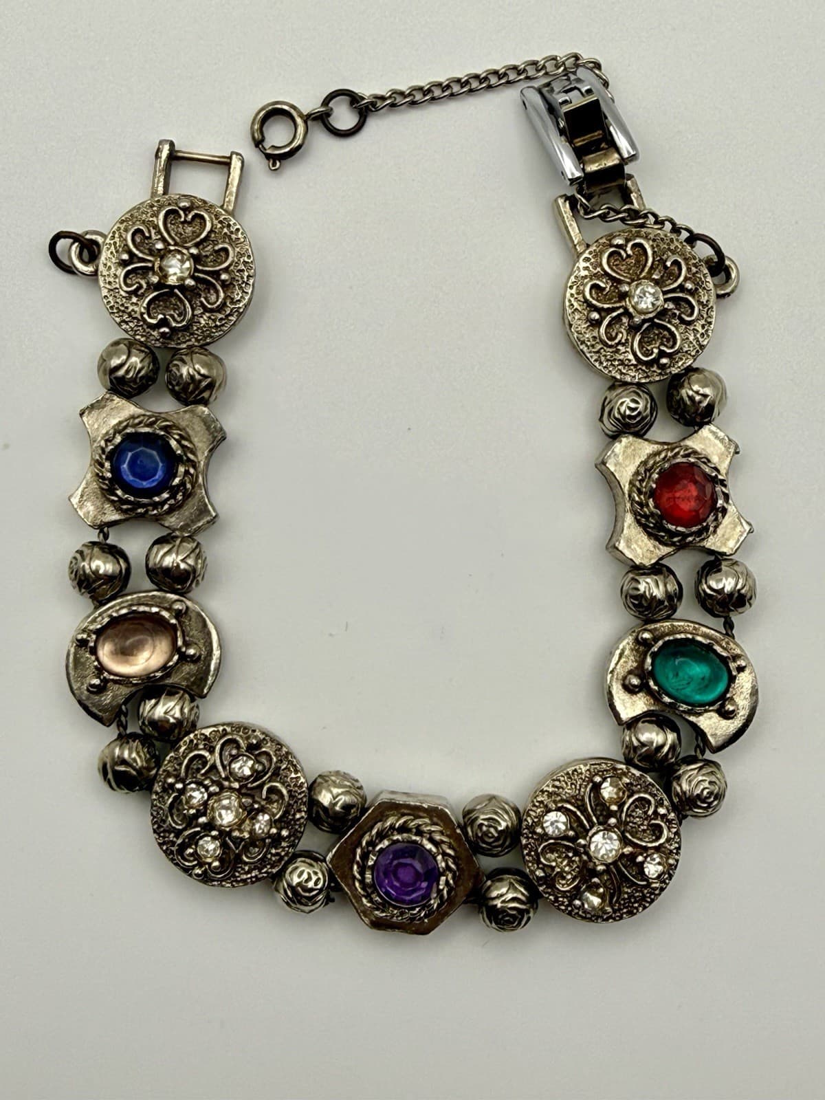 Vintage Slide Bracelet Multicolor Jeweled Victorian Revival Silverplate Gems 7" - Thumbnail 3