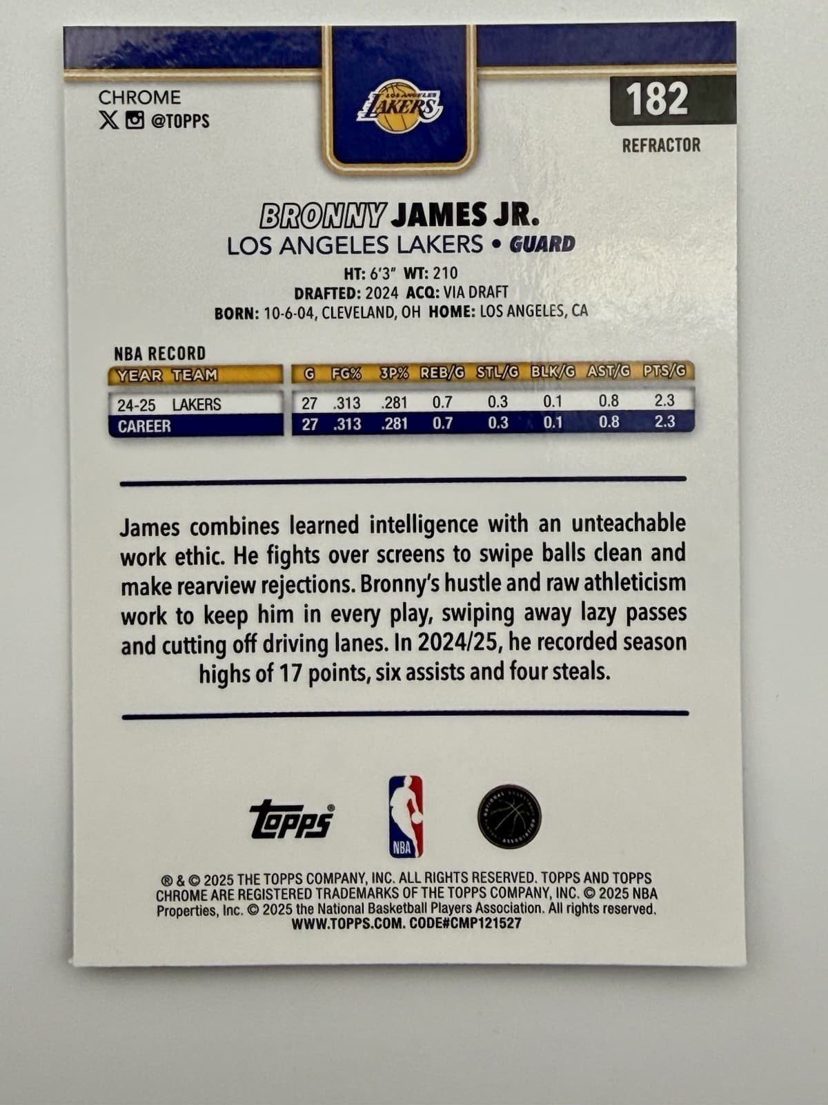 2025-26 Topps Chrome #182 Bronny James Jr. Refractor - Thumbnail 3