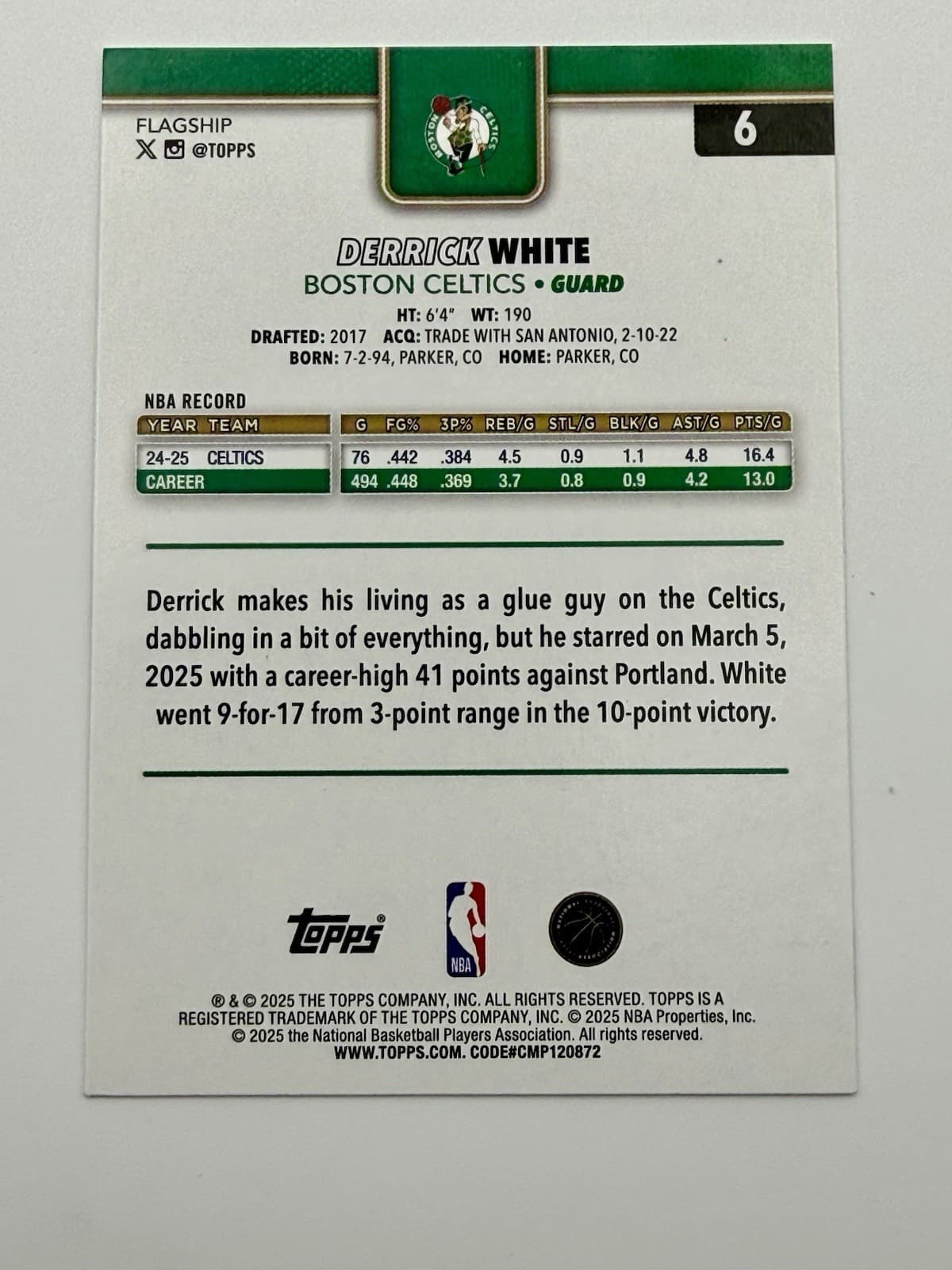2025-26 Topps Flagship Basketball Derrick White #6 - Thumbnail 4