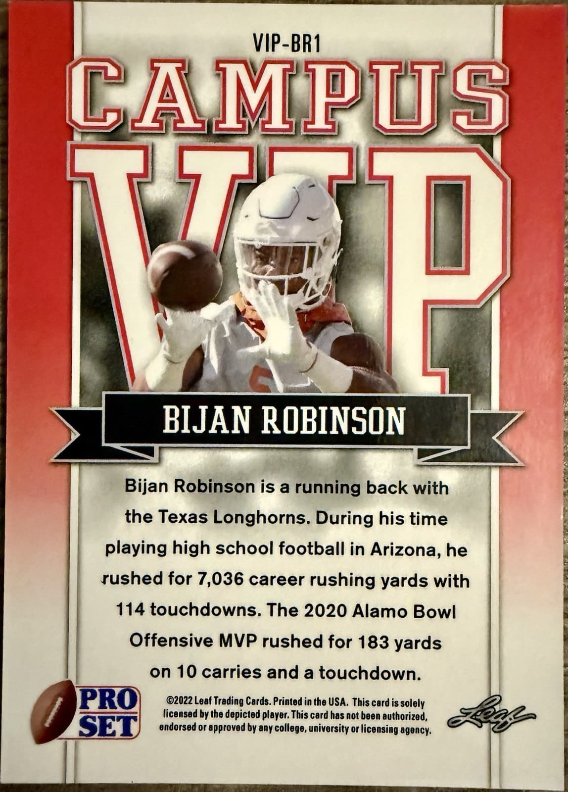 2022 Leaf Pro Set Bijan Robinson Campus VIP Silver Prism Mojo-Texas #VIP-BR1 RC - Thumbnail 2