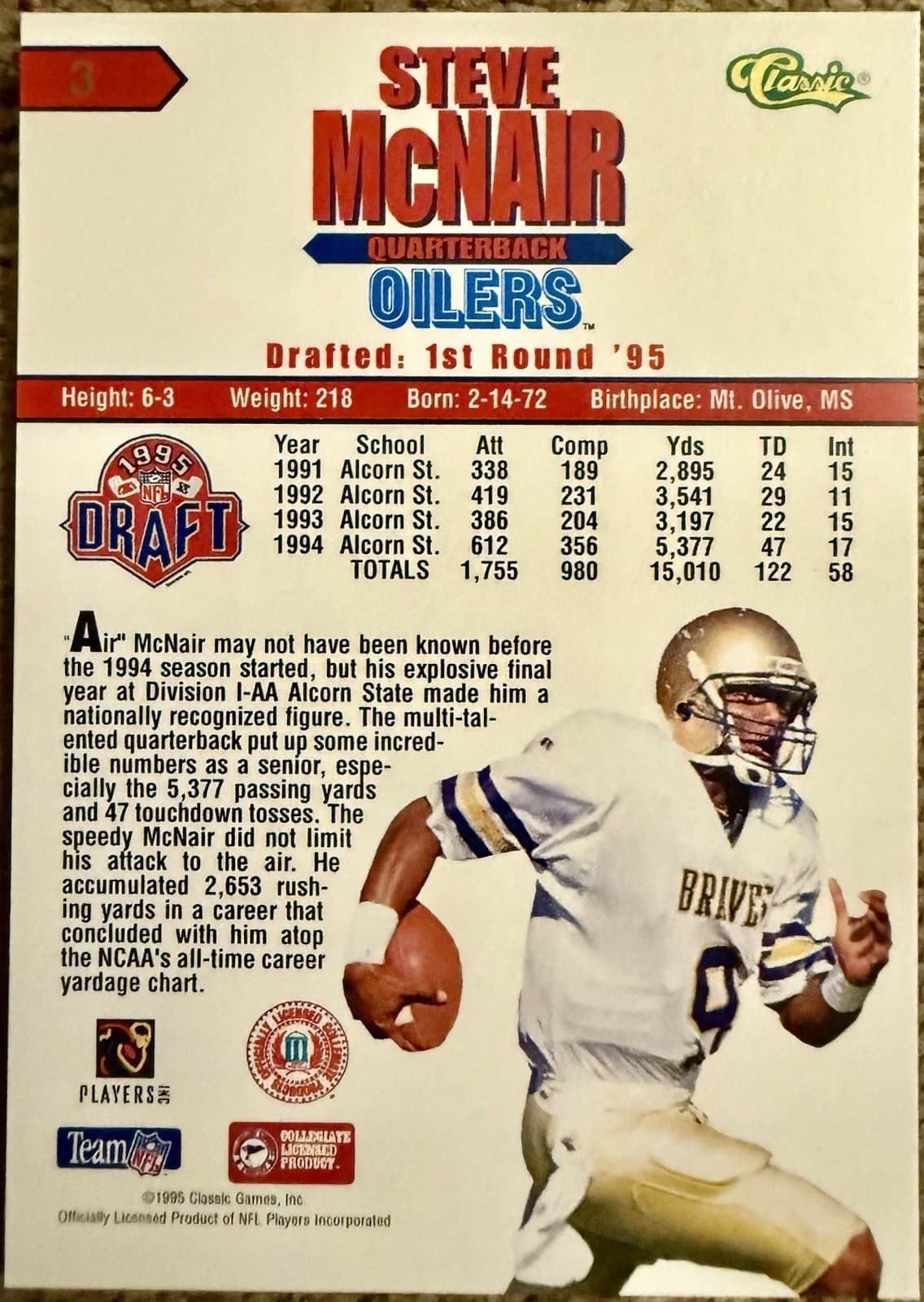 1995 Classic NFL Draft - Steve McNair #3 (RC) - Thumbnail 6