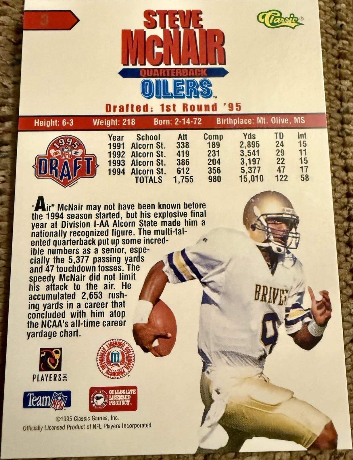 1995 Classic NFL Draft - Steve McNair #3 (RC) - Thumbnail 4