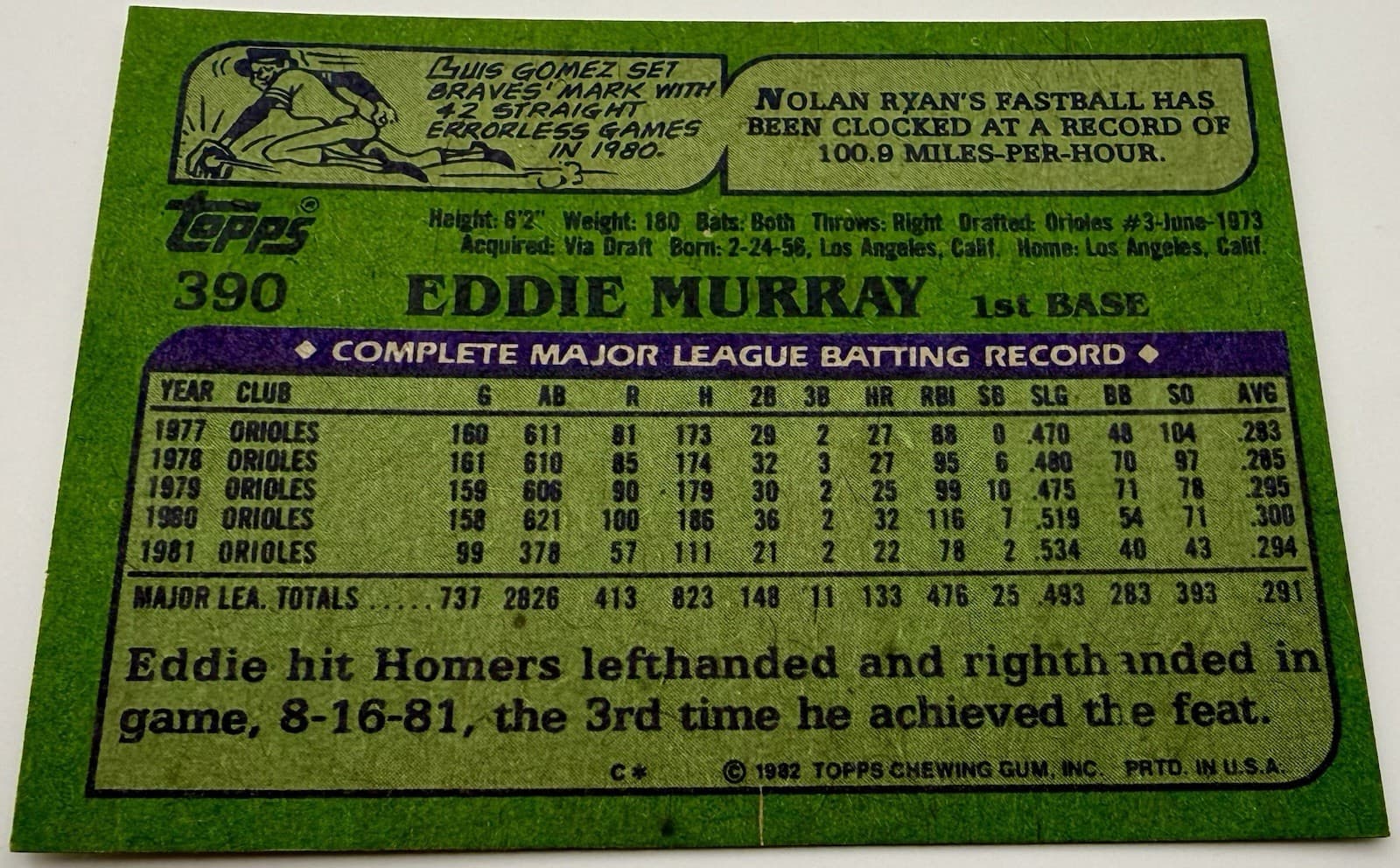 1982 Topps Eddie Murray #390 Auto Baltimore Orioles - Thumbnail 2