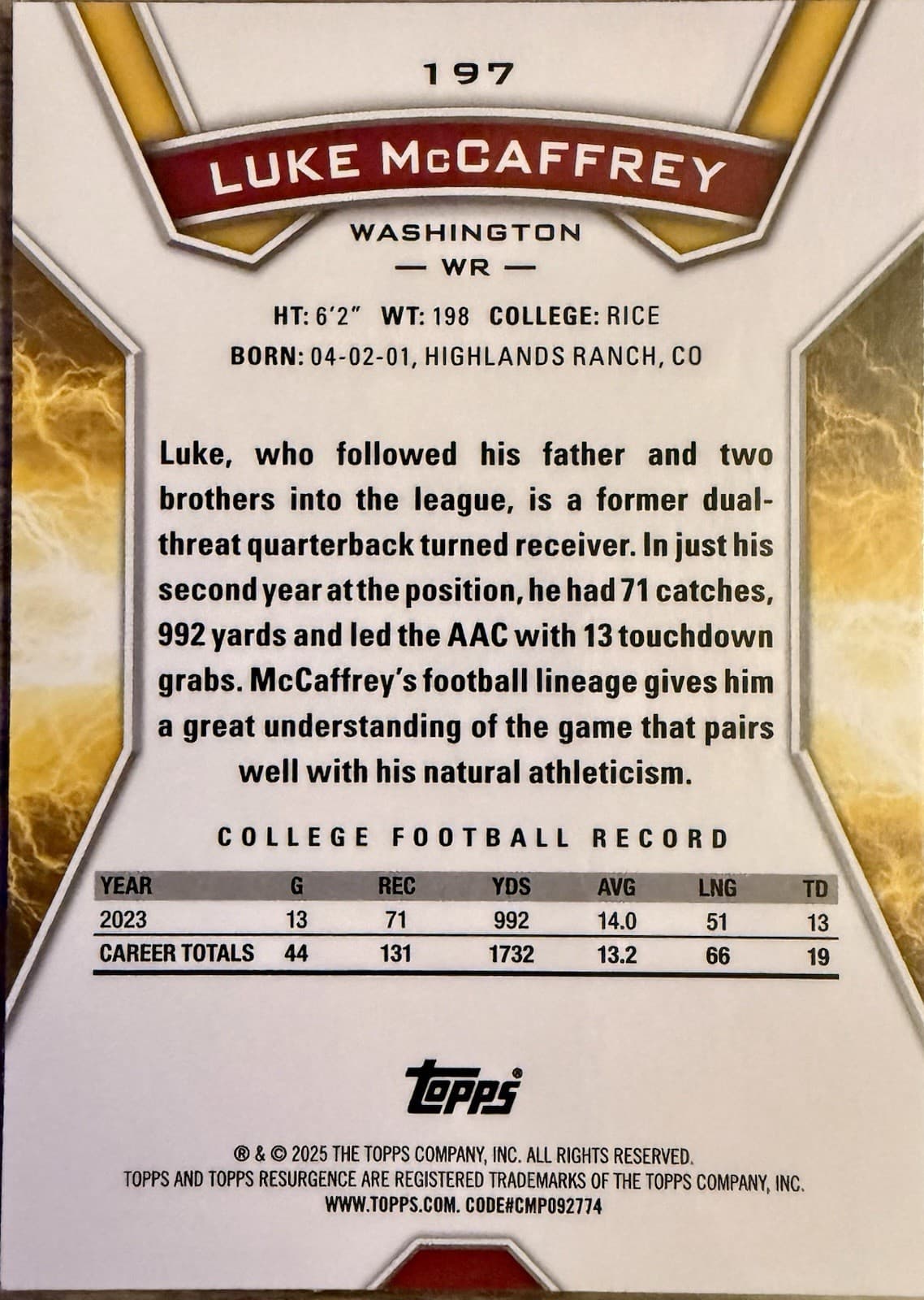 2024 Topps Resurgence - Rookies Luke McCaffrey #197 Refractor (RC) - Thumbnail 2