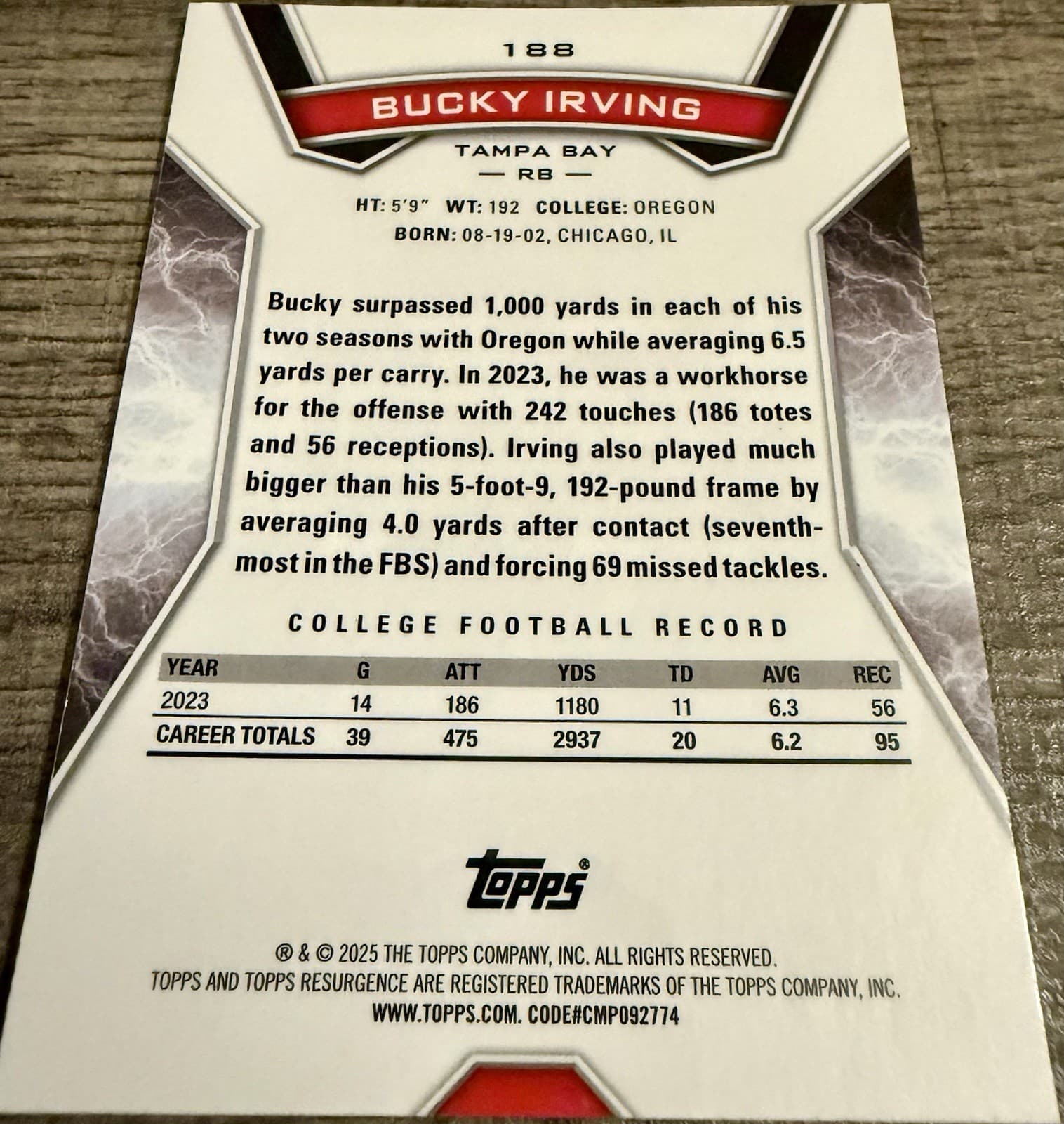 2024 Topps Resurgence-Rookies Bucky Irving #188 Sky Blue & Pink Shock Refractor - Thumbnail 4
