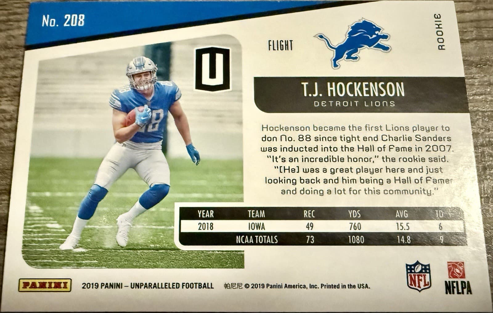 2019 Panini Unparalleled TJ Hockenson Rookie Flight Circles Prizm #208 RC Lions - Thumbnail 2
