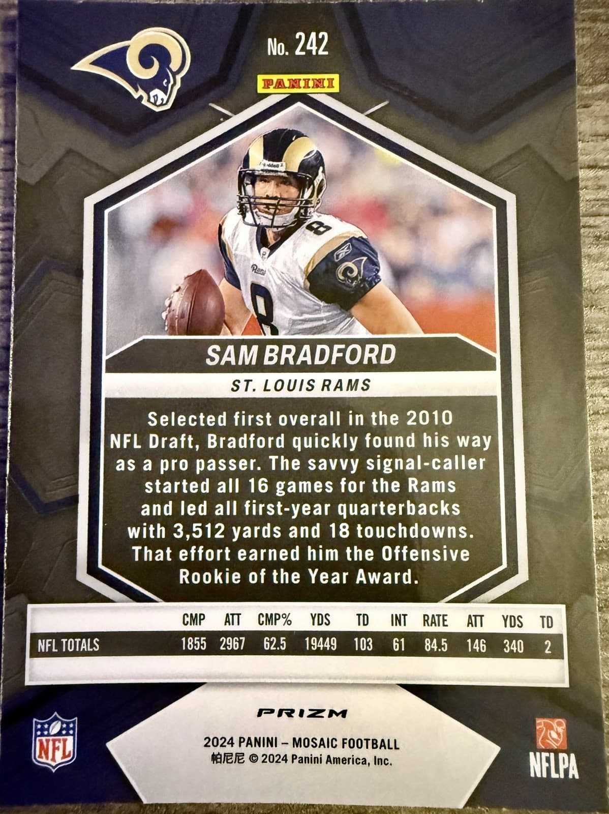 2024 Panini Mosaic Sam Bradford #242 Green Mosaic St. Louis Rams - Thumbnail 2