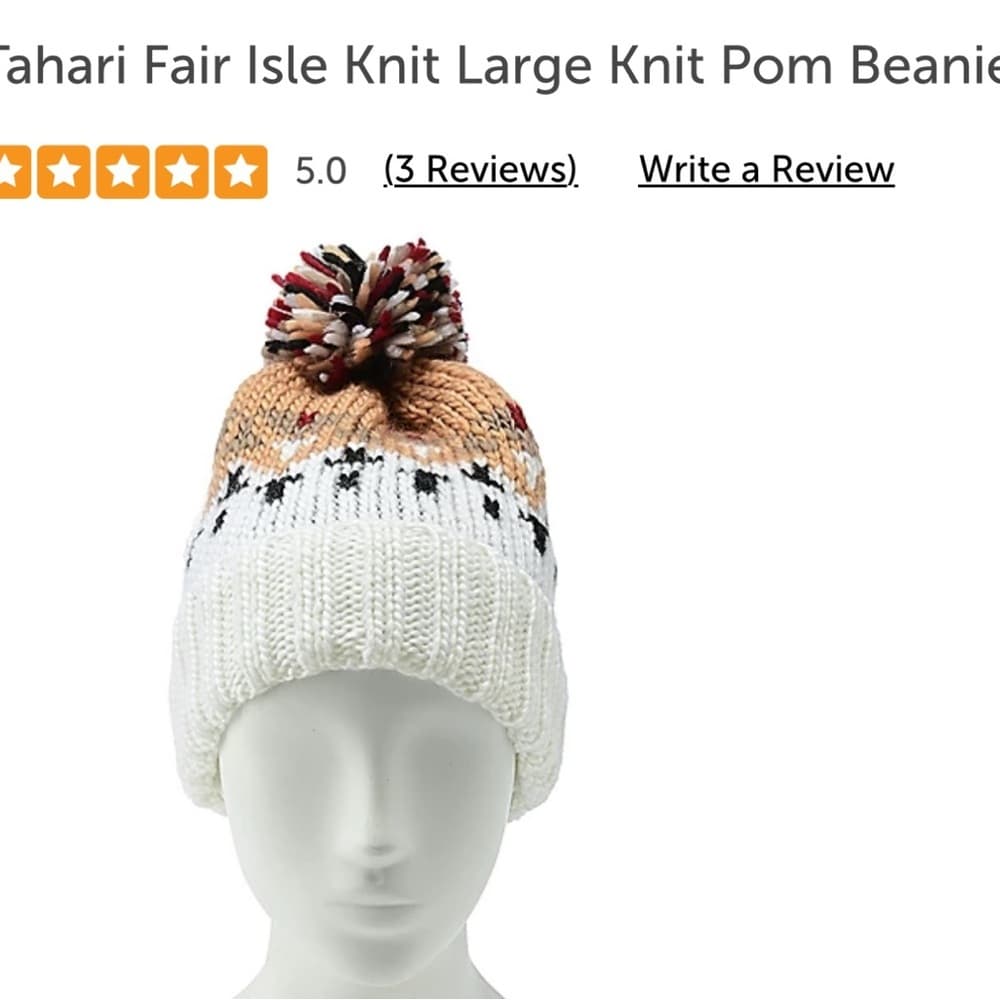 Tahari Fair Isle Knit Pom Beanie - White and Tan