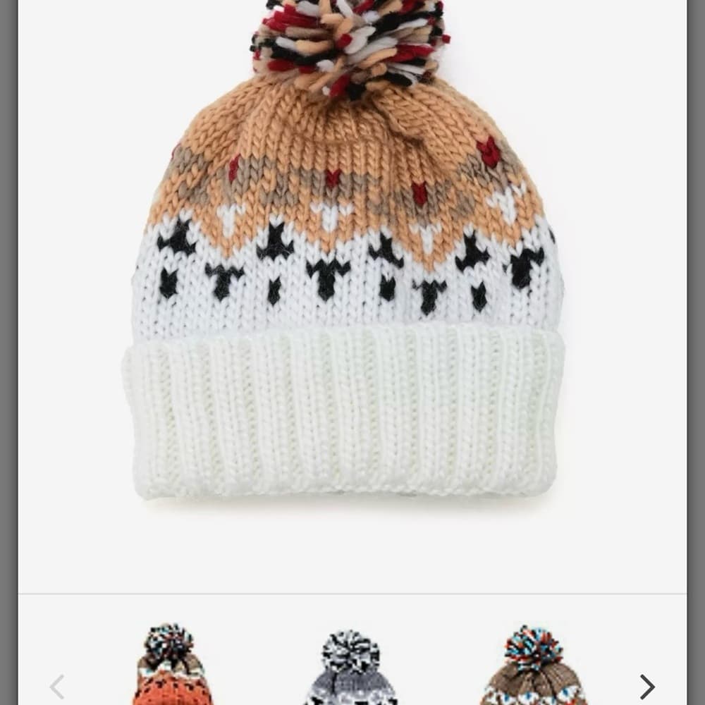 Tahari Fair Isle Knit Pom Beanie - White and Tan - Thumbnail 2