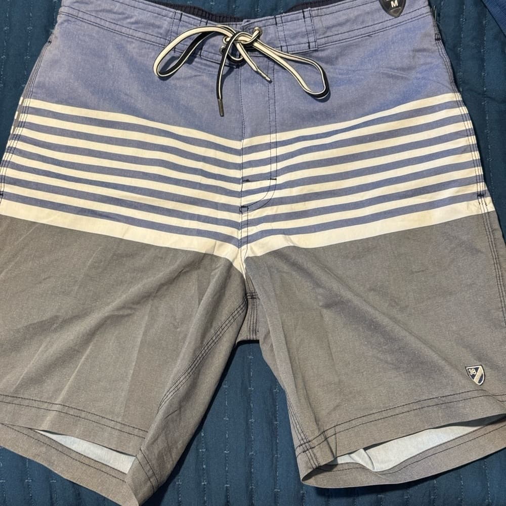 Men's Blue and Gray Striped Swim Shorts