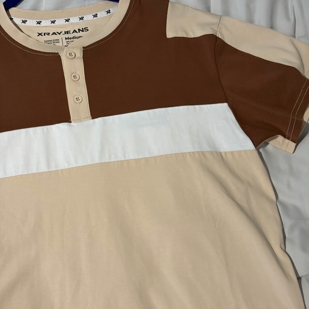 Men's Casual Brown and Cream Colorblock Tee - Thumbnail 2