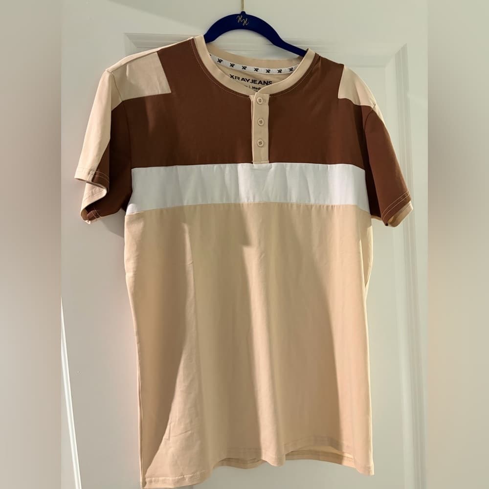 Men's Casual Brown and Cream Colorblock Tee - Thumbnail 5