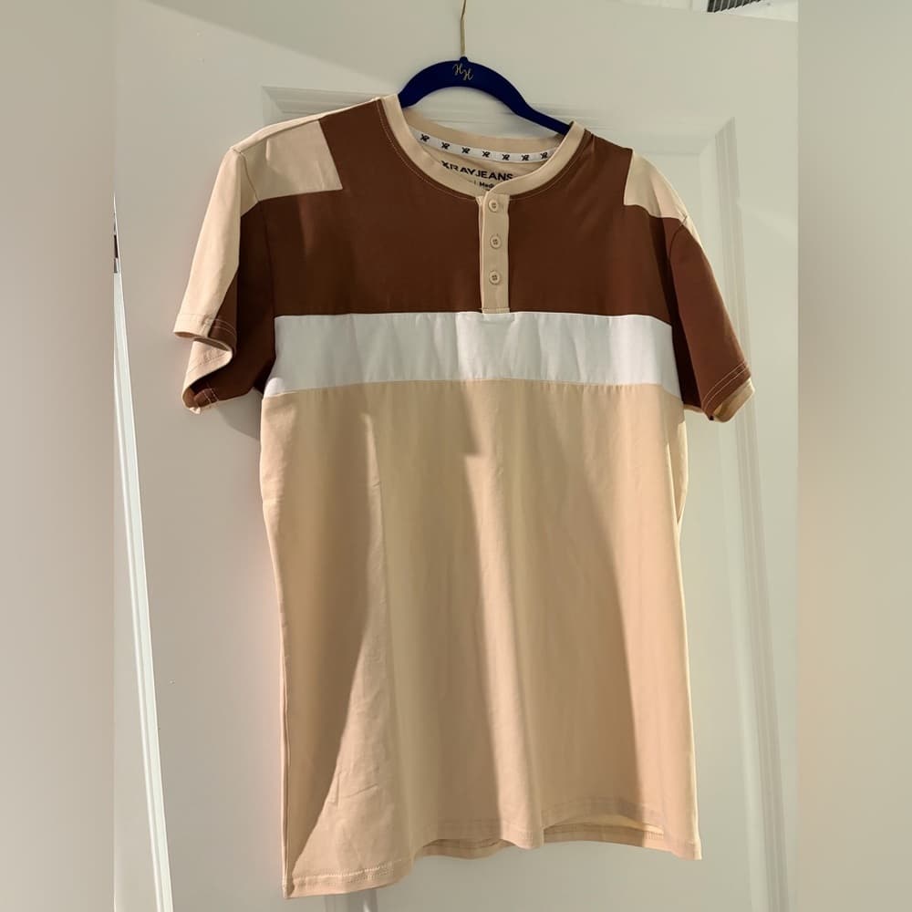 Men's Casual Brown and Cream Colorblock Tee - Thumbnail 6