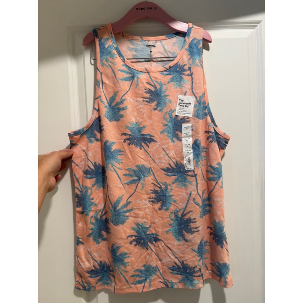 Men’s‎ Sonoma Tank Top Size M Peach Blue Palm Print