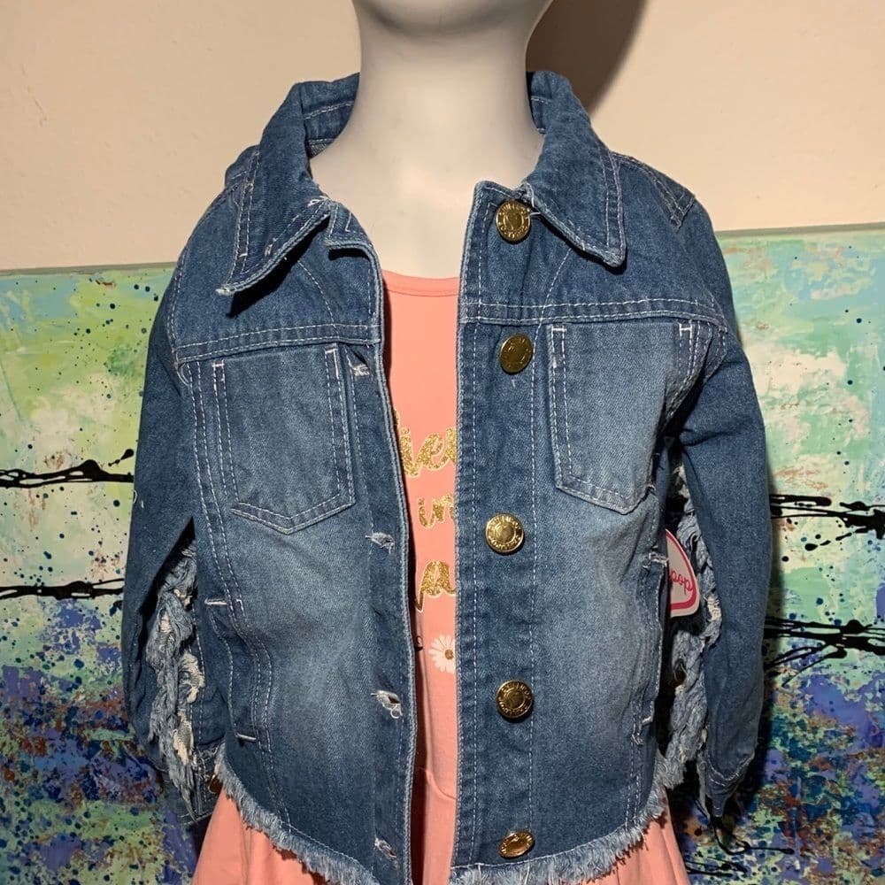 Girls distressed Fringe denim jacket - Thumbnail 2