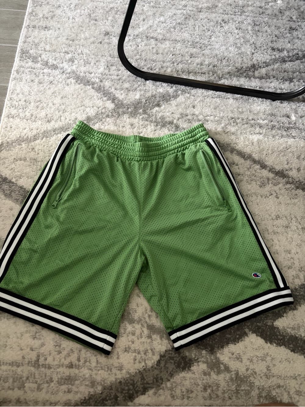Champion Lime Green Mesh Athletic Shorts with Black & White Stripes