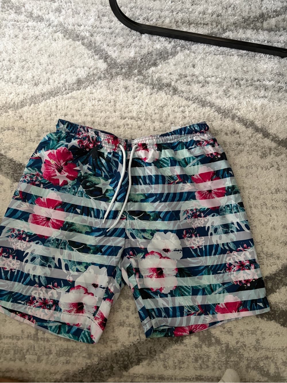 Men's Floral Stripe Hybrid Swim Shorts in Navy and Pink