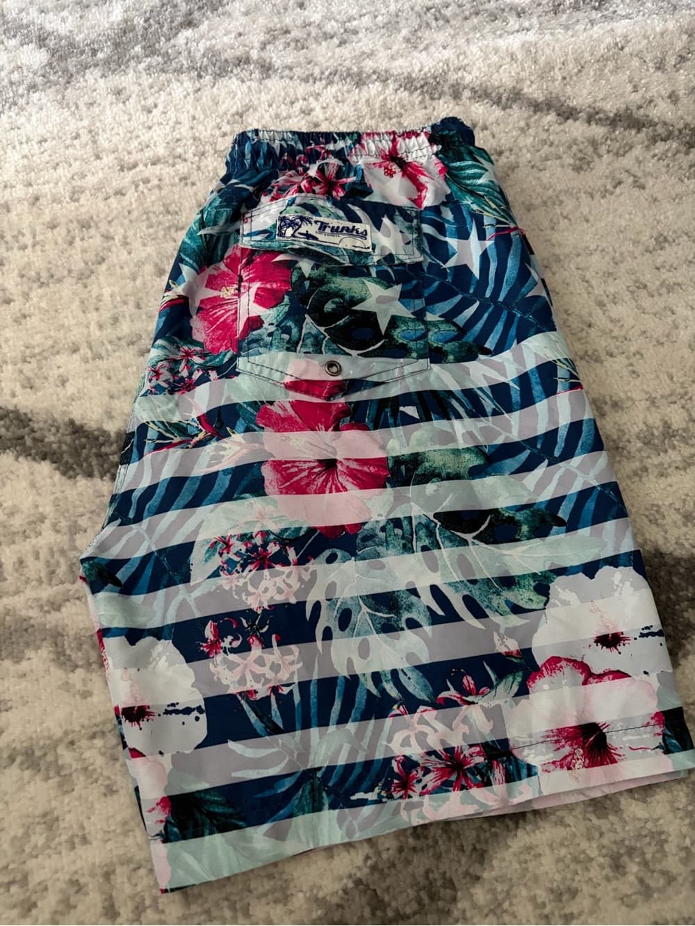 Men's Floral Stripe Hybrid Swim Shorts in Navy and Pink - Thumbnail 3