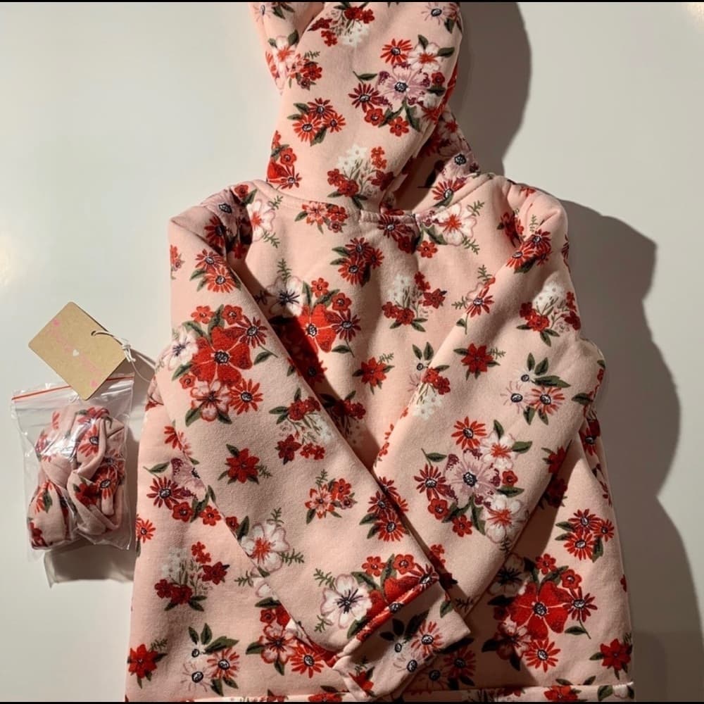 Girls Pink Floral Hoodie W/Headband - Thumbnail 2