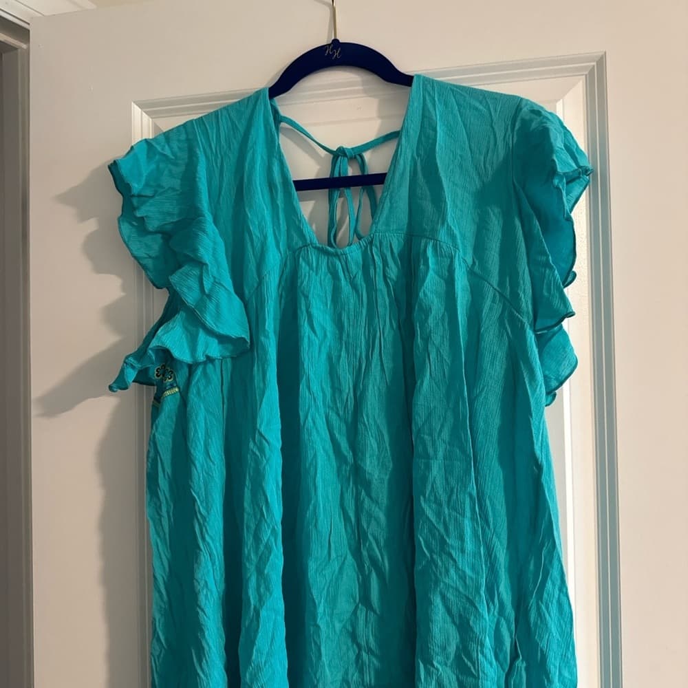 Terra & Sky Blue Flutter Sleeve Blouse with Ruffled Tie Front - Thumbnail 6