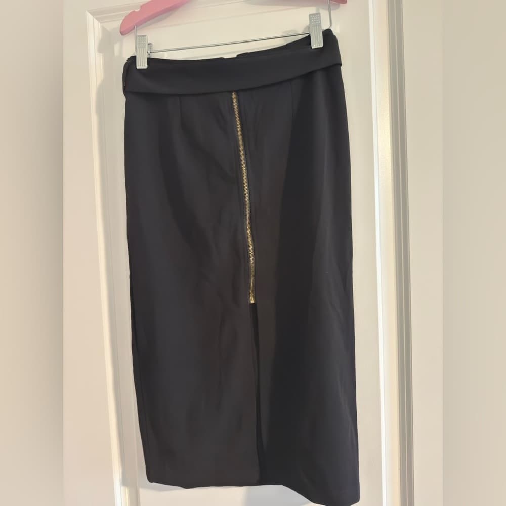 High Rise Black Midi Pencil Skirt with Tie Front - Thumbnail 5