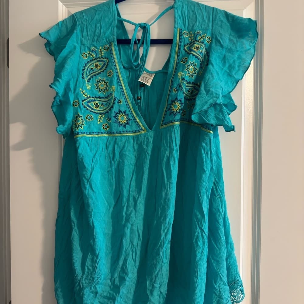 Terra & Sky Blue Flutter Sleeve Blouse with Ruffled Tie Front