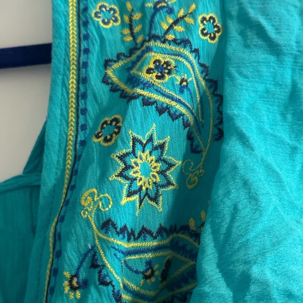 Terra & Sky Blue Flutter Sleeve Blouse with Ruffled Tie Front - Thumbnail 3