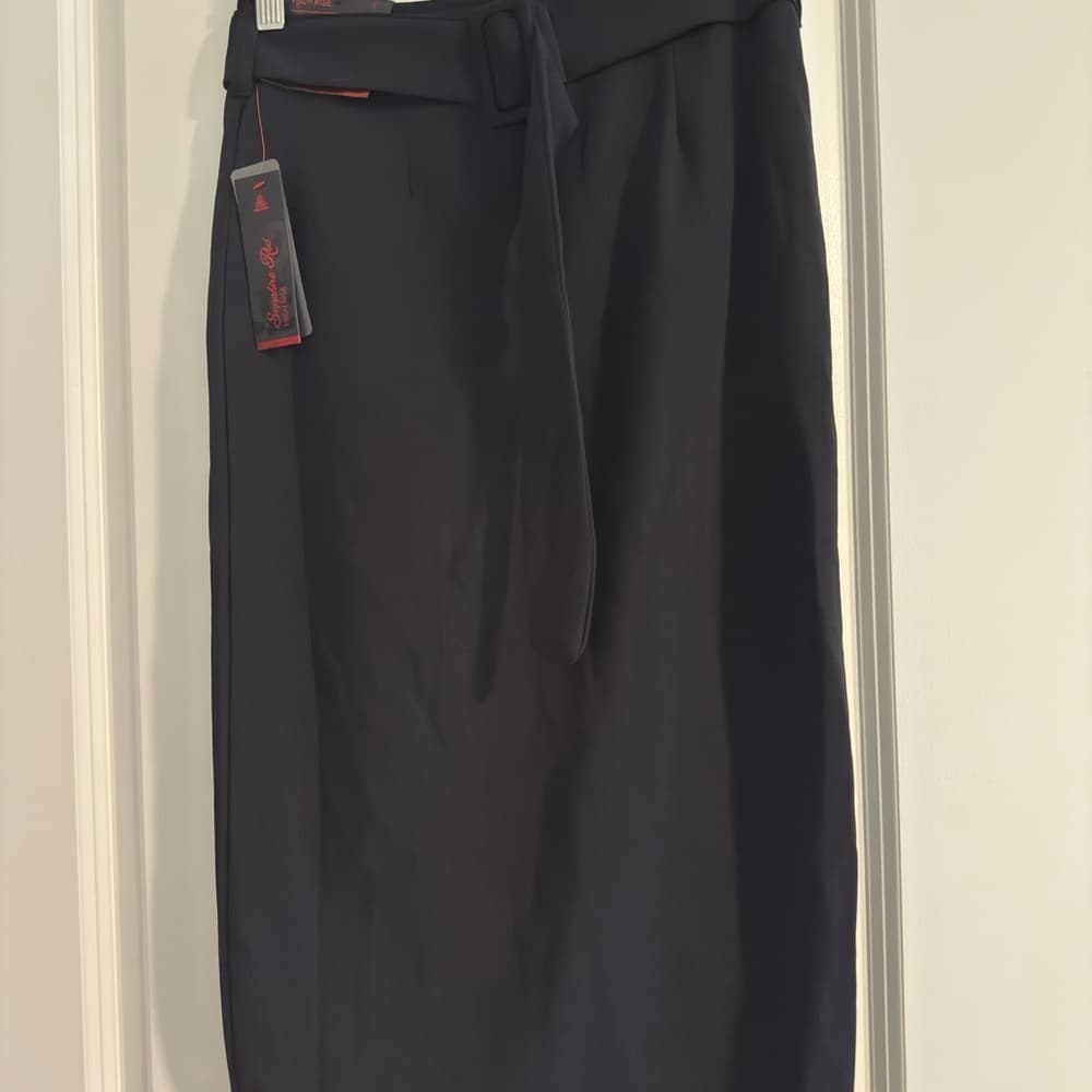 High Rise Black Midi Pencil Skirt with Tie Front