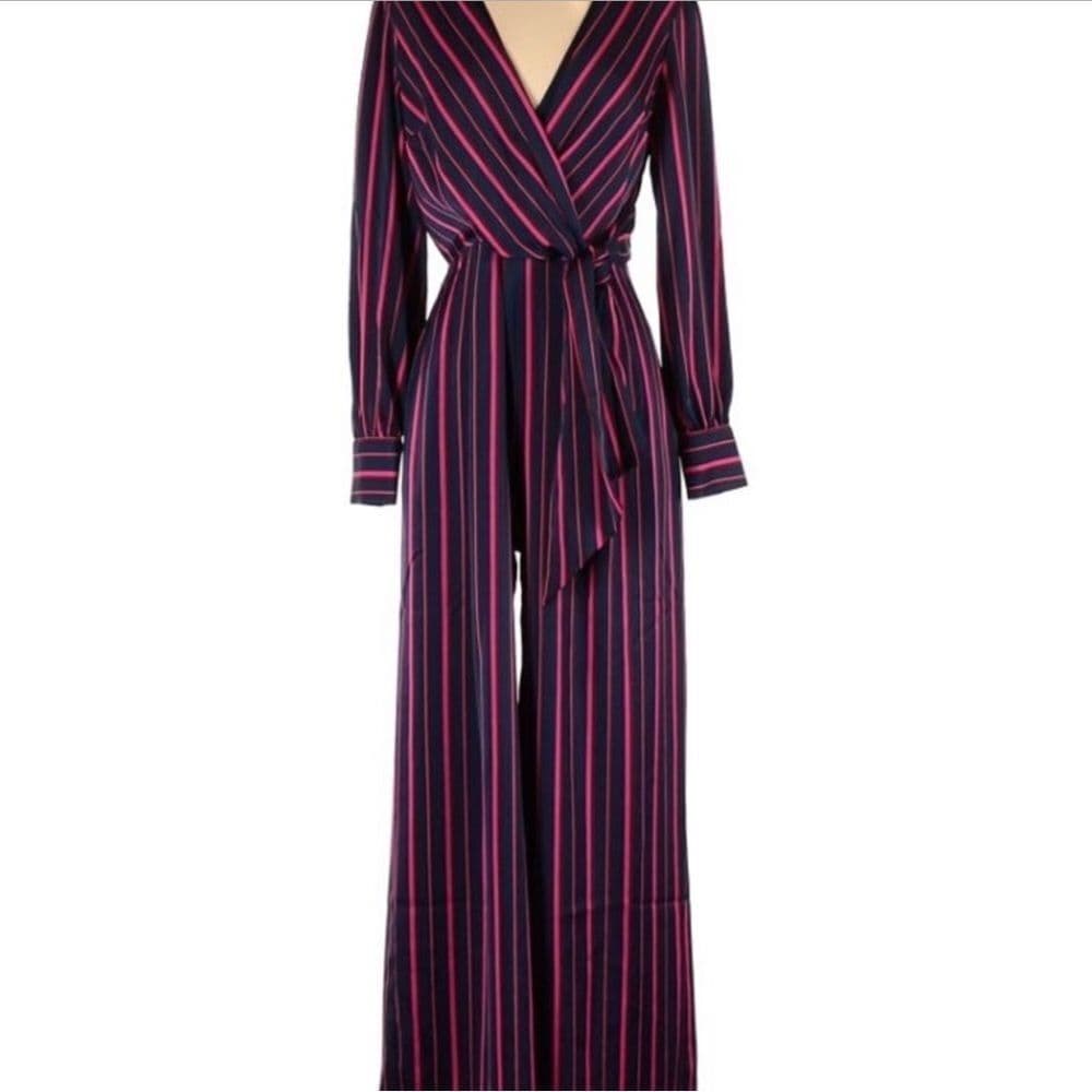 Calvin Klein triped Wrap Jumpsuit in Navy and Red - Thumbnail 4
