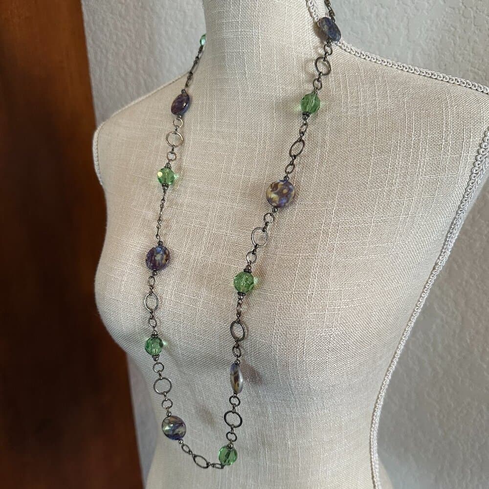 Vintage Green and Purple Beaded Necklace - Thumbnail 11