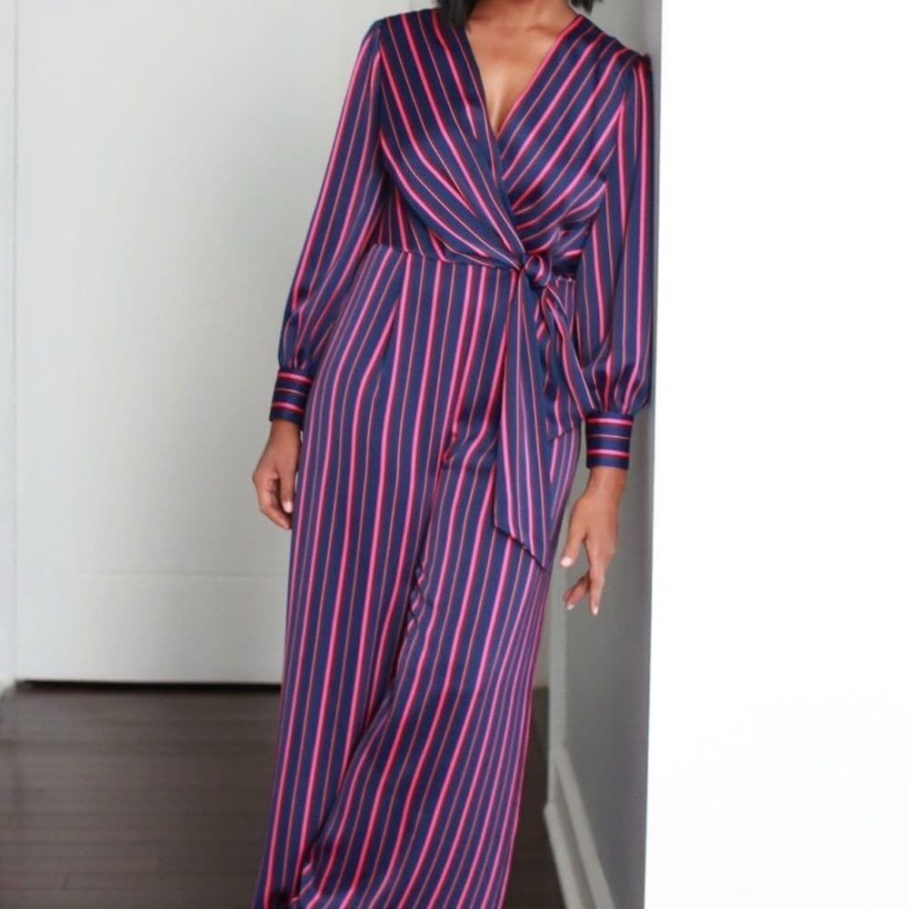 Calvin Klein triped Wrap Jumpsuit in Navy and Red
