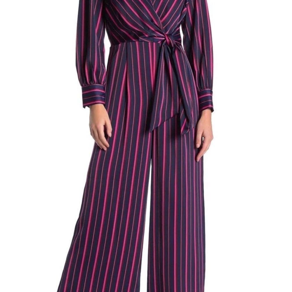 Calvin Klein triped Wrap Jumpsuit in Navy and Red - Thumbnail 2