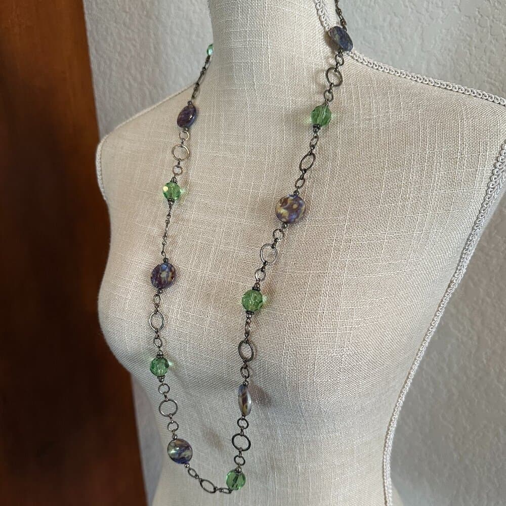 Vintage Green and Purple Beaded Necklace - Thumbnail 2