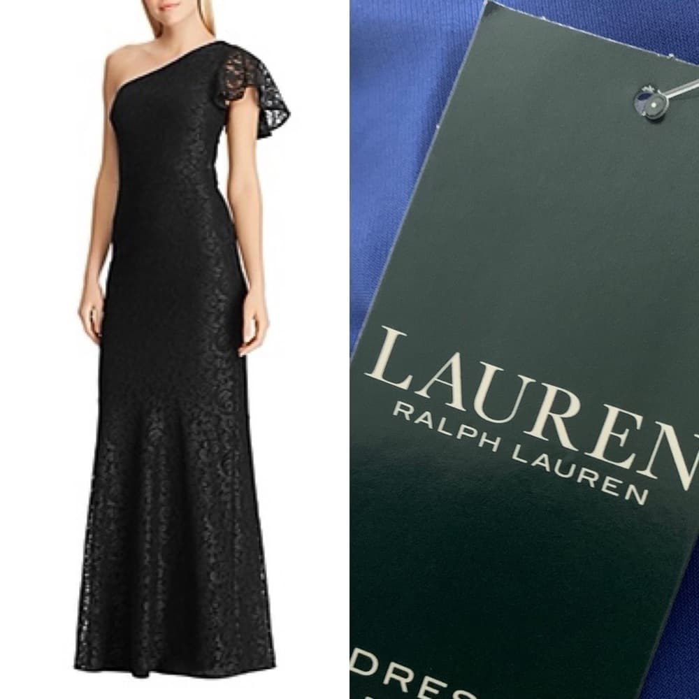 🆕 Lauren Ralph Lauren One-shoulder Lace Gown Blk