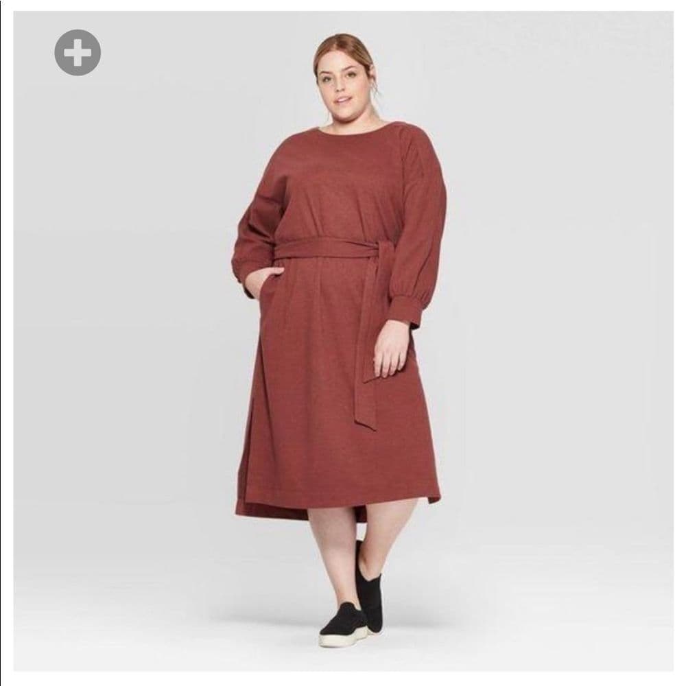 Womens Plus Size long sleeve boat neck midi dress
