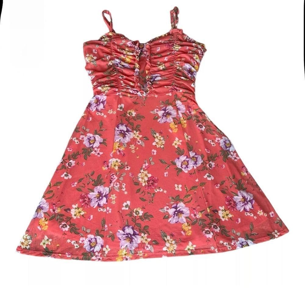 Derek Heart Pink Ruched Sundress Sleeveless Mini - Thumbnail 5