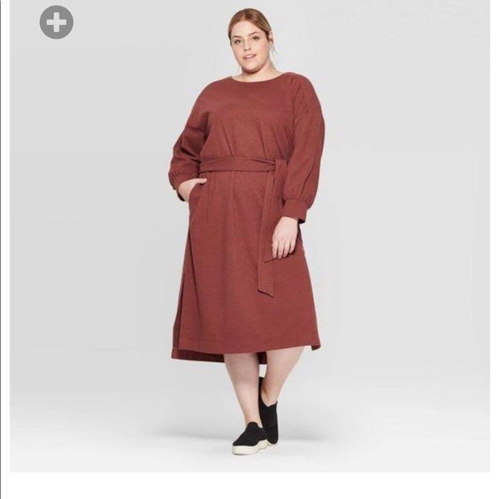 Womens Plus Size long sleeve boat neck midi dress - Thumbnail 2