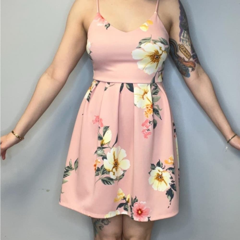 Monteau Pink Pleated Mini Dress for Weddings - Thumbnail 4